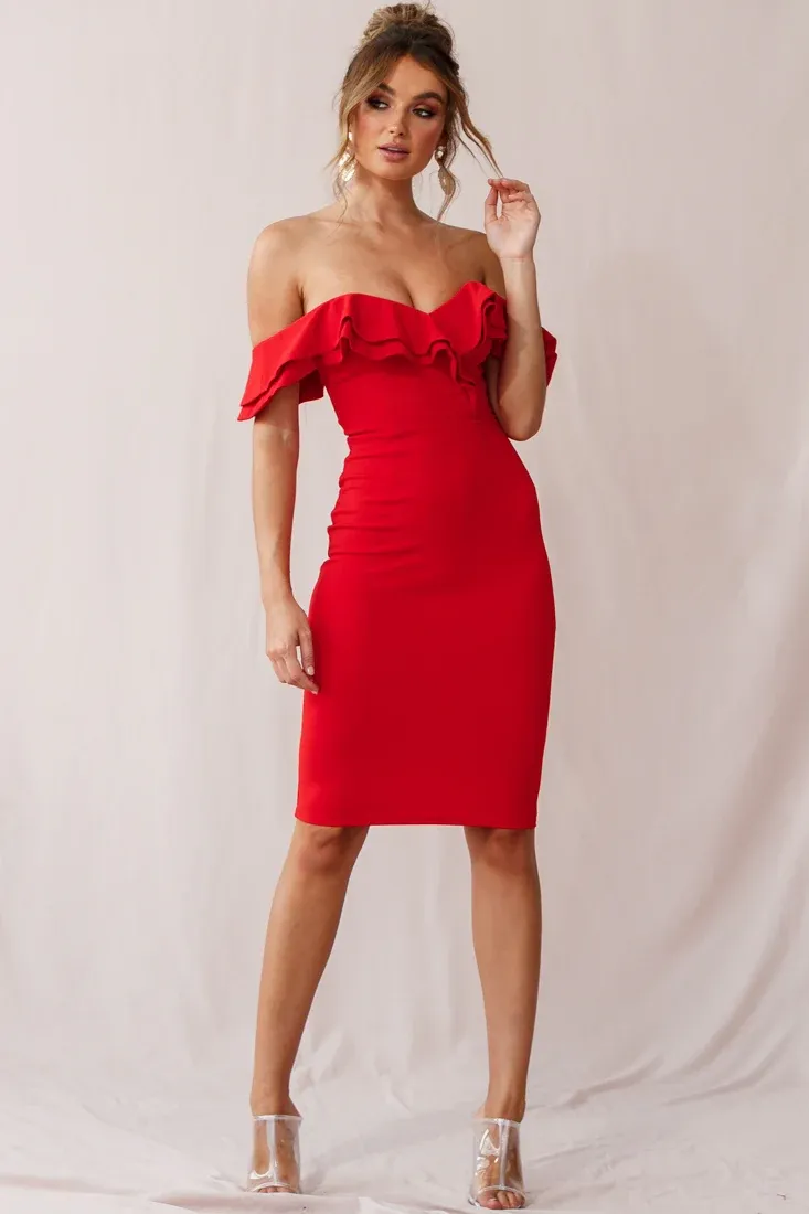 Rossi Ruffled Off The Shoulder Bodycon Dress Red
