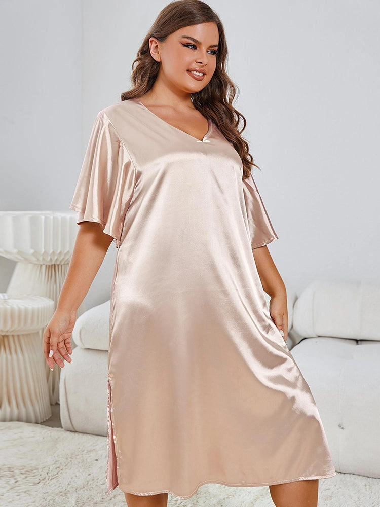 Satin V-Neck Nightdress with Flutter Sleeves
