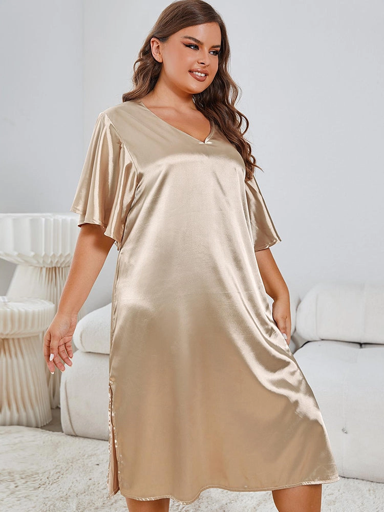Satin V-Neck Nightdress with Flutter Sleeves