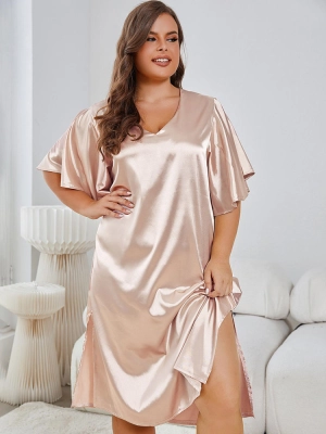 Satin V-Neck Nightdress with Flutter Sleeves