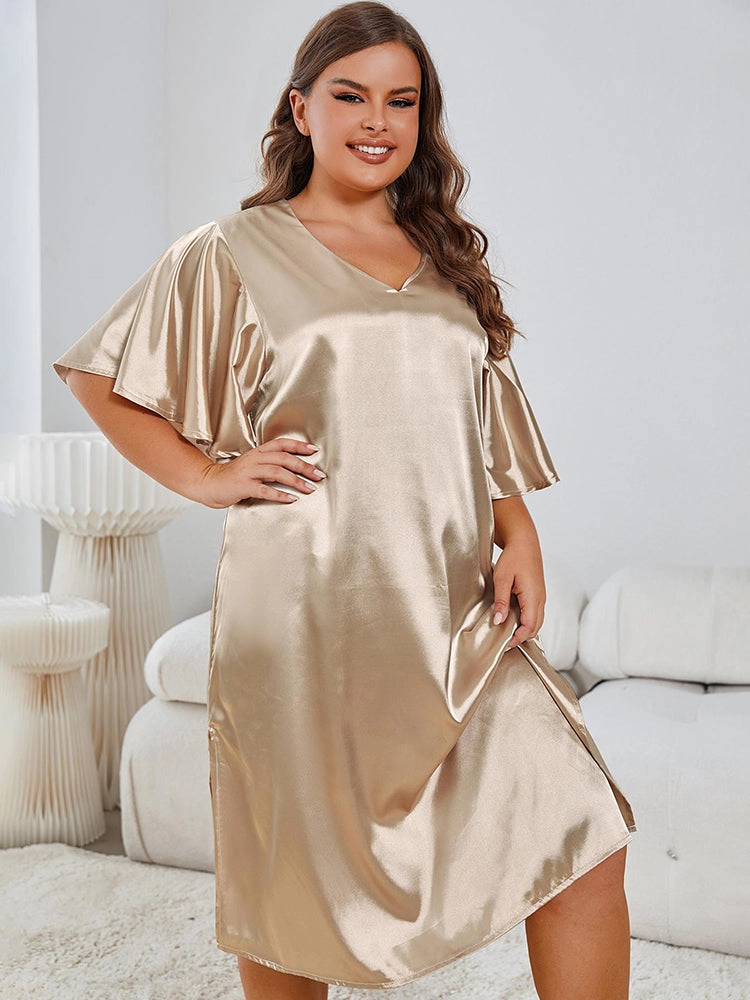 Satin V-Neck Nightdress with Flutter Sleeves