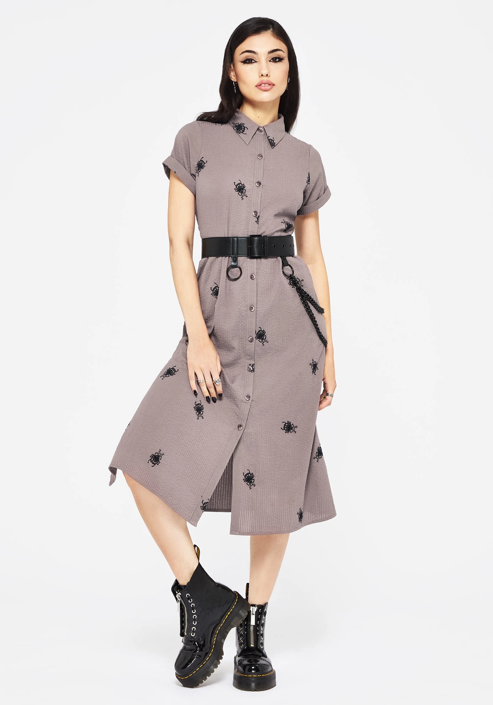 Stag Beetle Embroidered Midi Shirt Dress