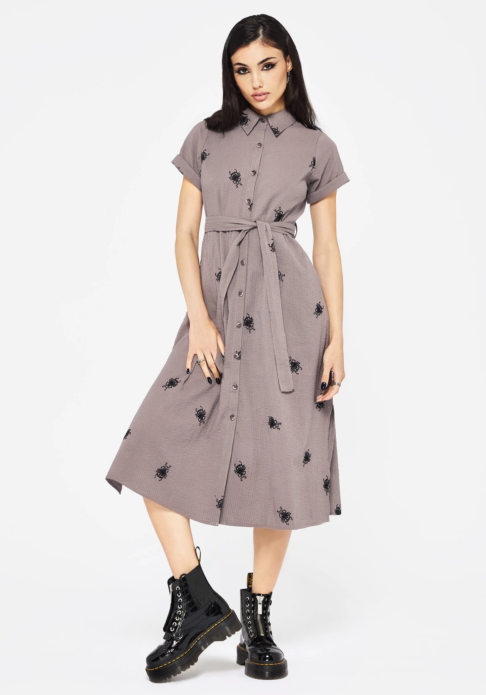 Stag Beetle Embroidered Midi Shirt Dress