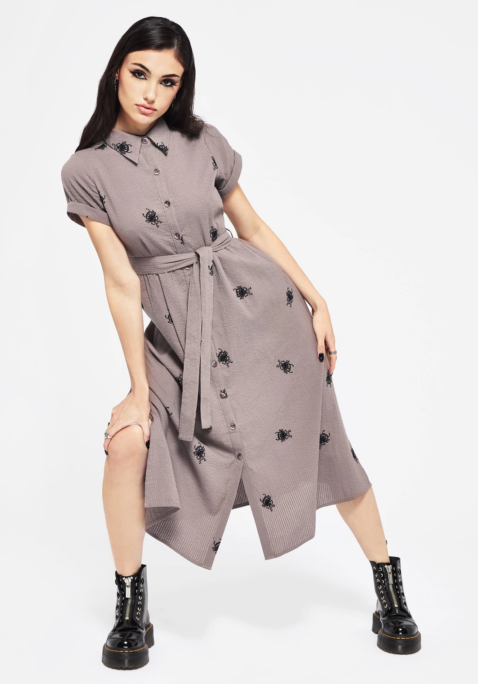 Stag Beetle Embroidered Midi Shirt Dress