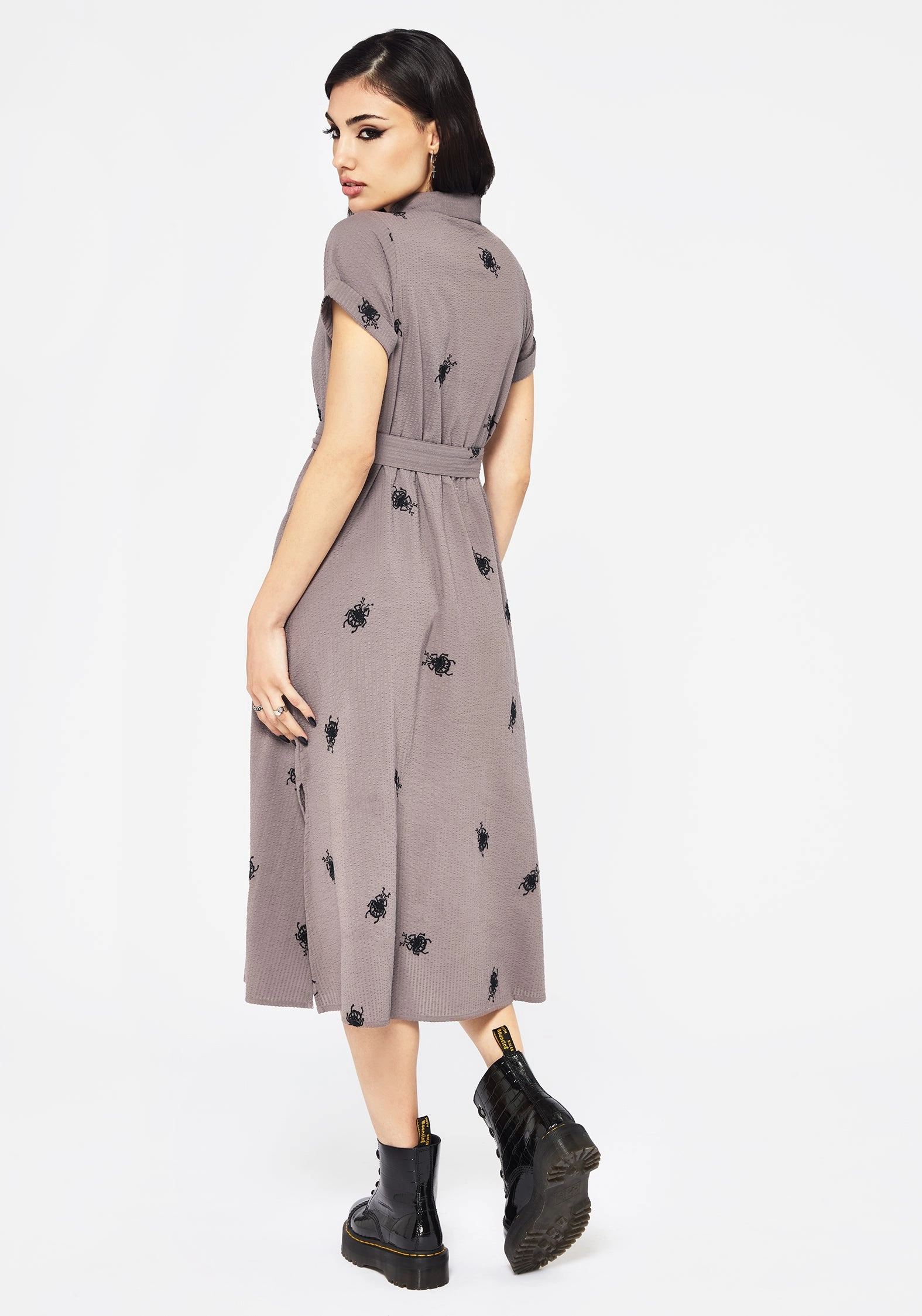 Stag Beetle Embroidered Midi Shirt Dress