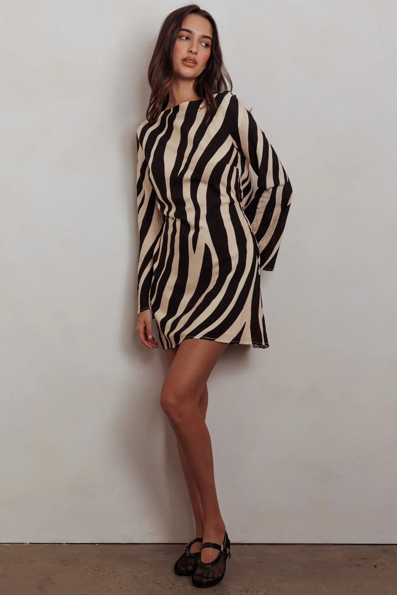Thriller Long Sleeve Backless Mini Dress Zebra