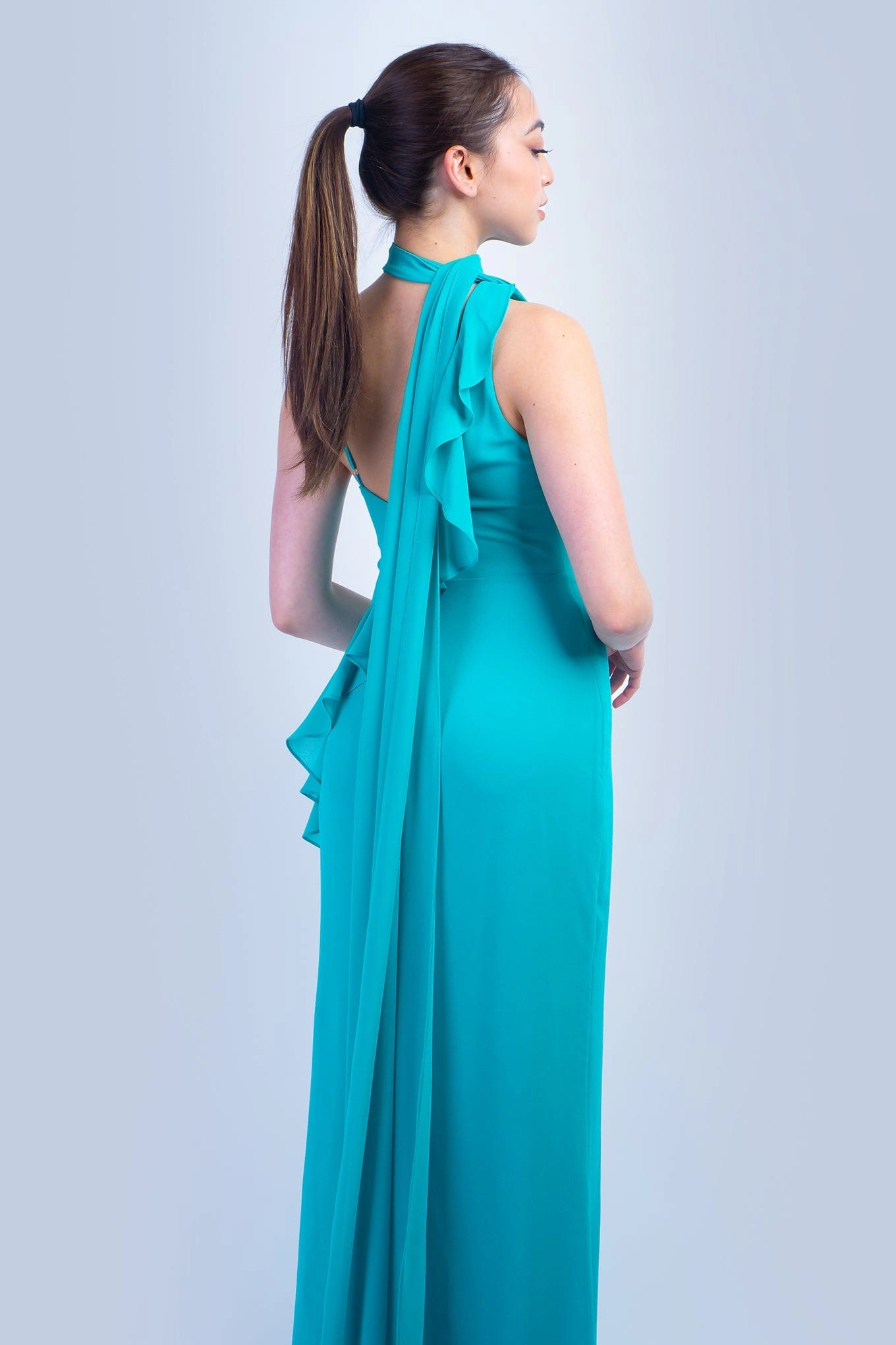 Turquoise Asymmetrical Shoulder Side Drape Gown