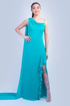Turquoise Asymmetrical Shoulder Side Drape Gown