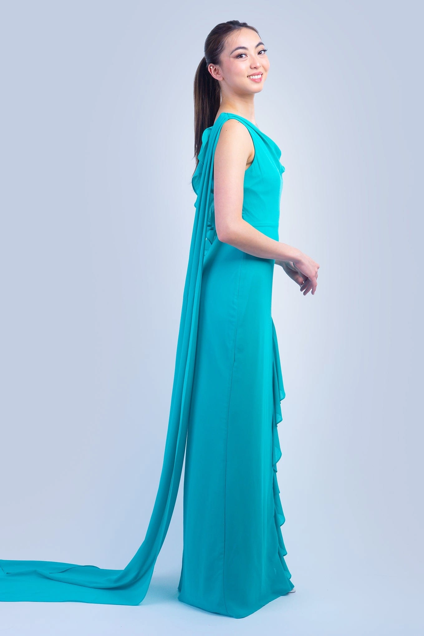 Turquoise Asymmetrical Shoulder Side Drape Gown
