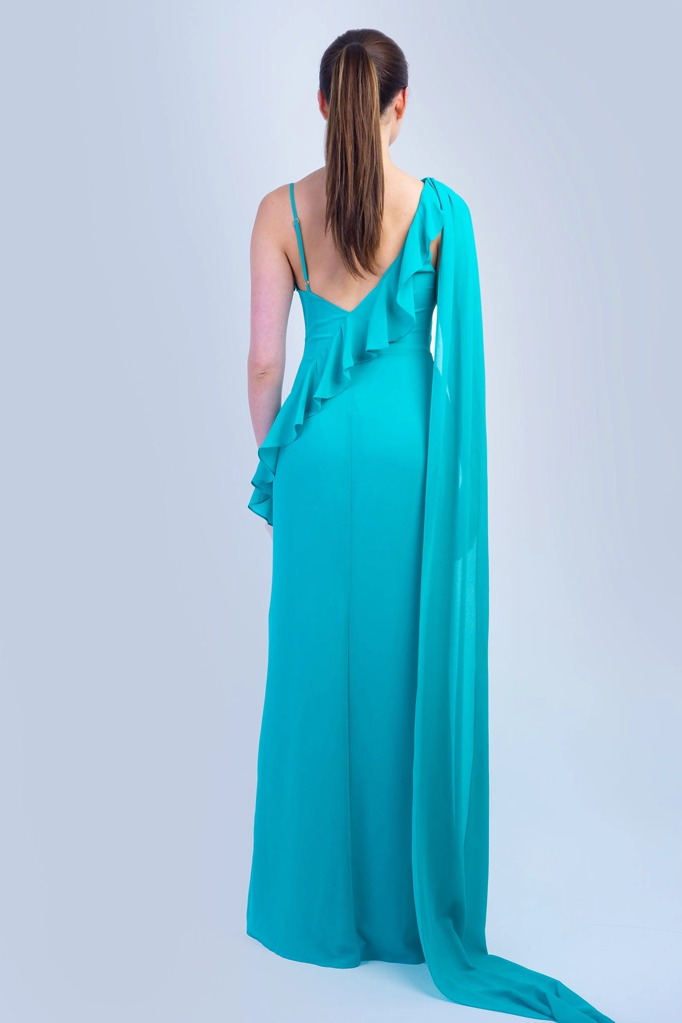 Turquoise Asymmetrical Shoulder Side Drape Gown