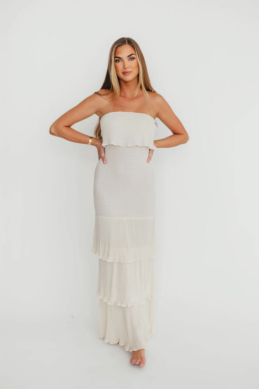 Viviana Pleated Tiered Ruffle Smocked Maxi Dress in Cream- Final Few