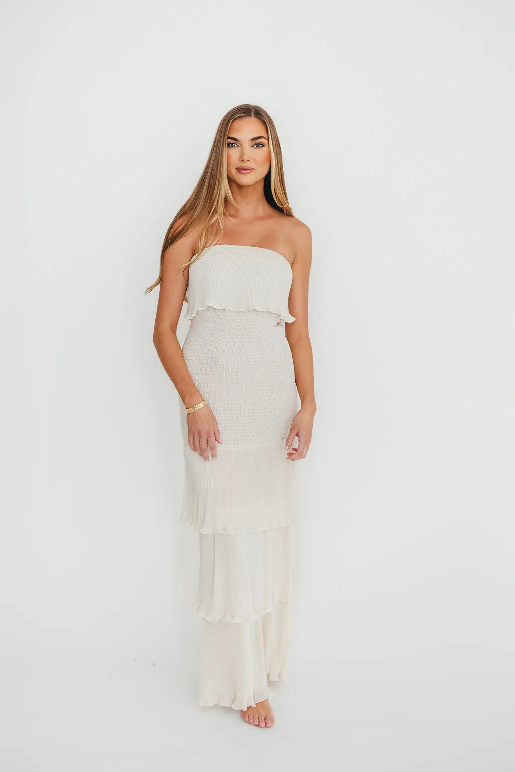 Viviana Pleated Tiered Ruffle Smocked Maxi Dress in Cream- Final Few