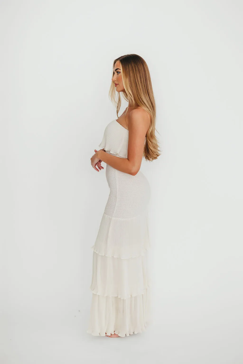 Viviana Pleated Tiered Ruffle Smocked Maxi Dress in Cream- Final Few