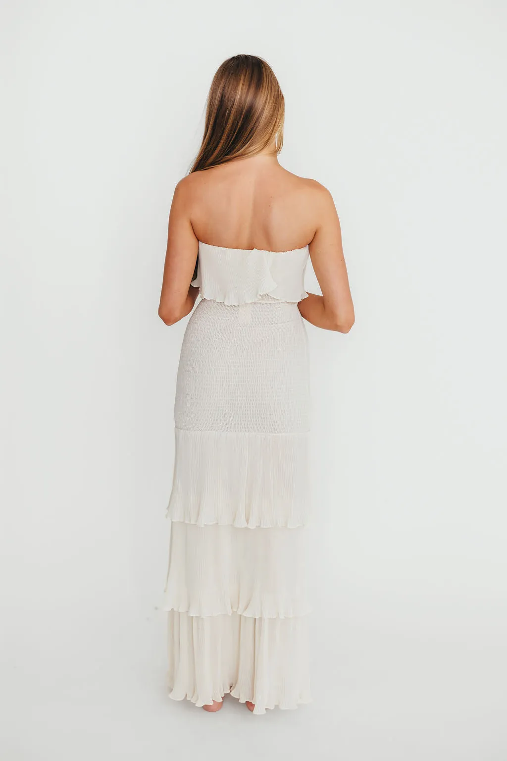 Viviana Pleated Tiered Ruffle Smocked Maxi Dress in Cream- Final Few