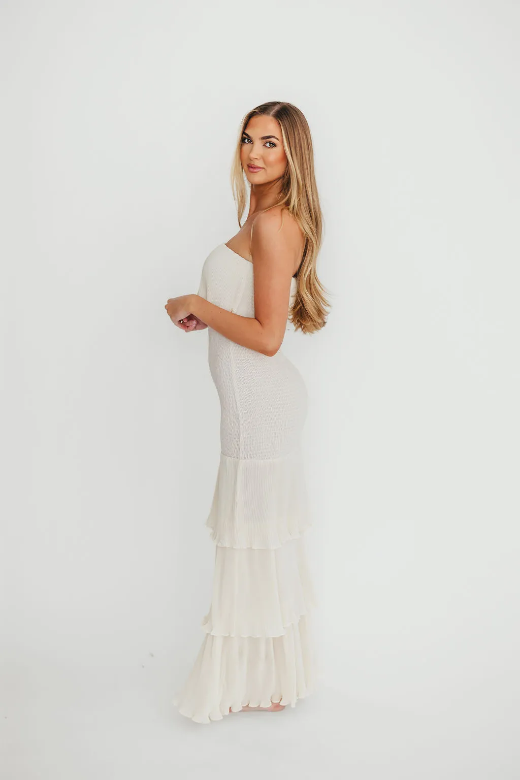 Viviana Pleated Tiered Ruffle Smocked Maxi Dress in Cream- Final Few