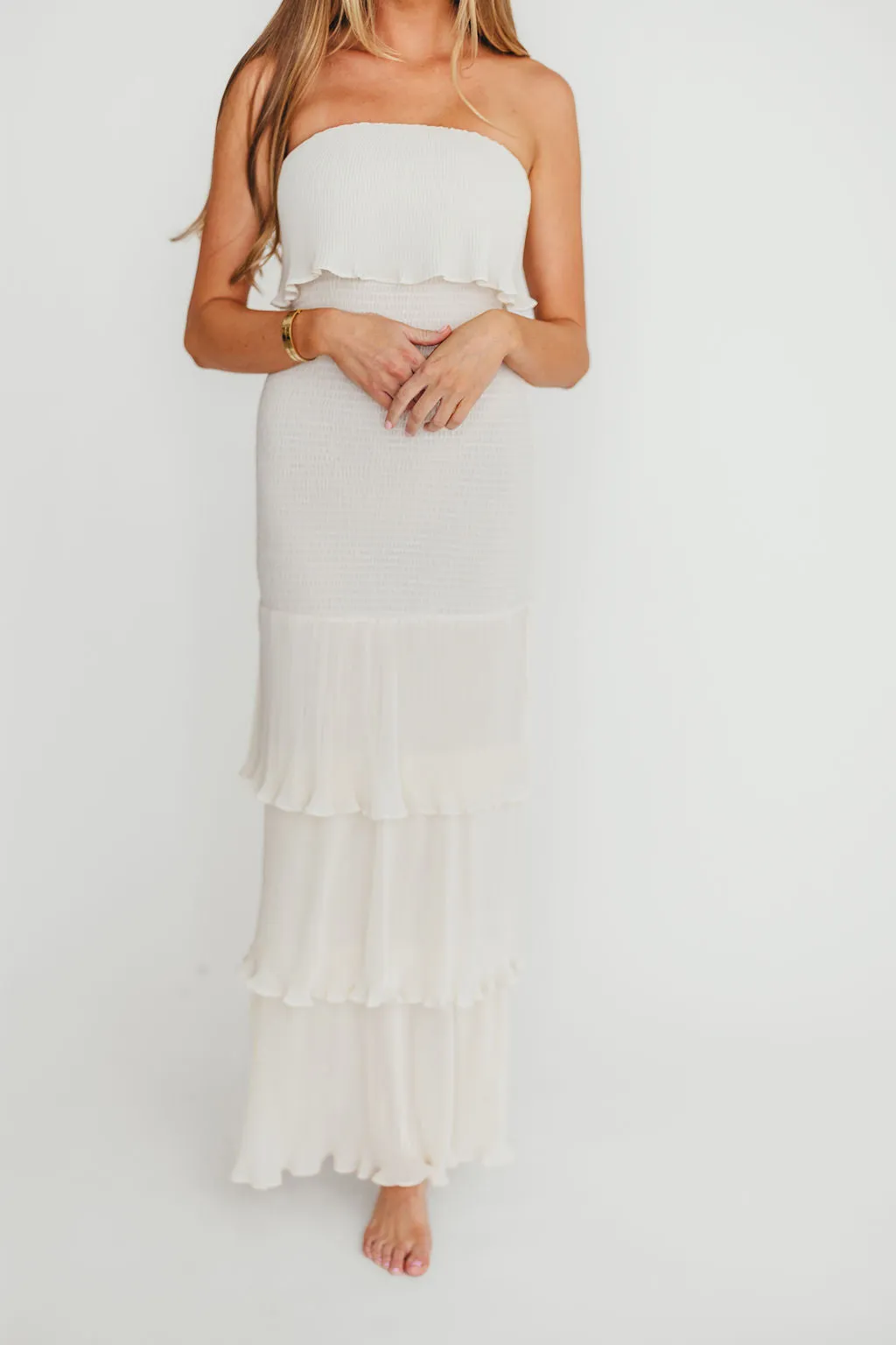 Viviana Pleated Tiered Ruffle Smocked Maxi Dress in Cream- Final Few