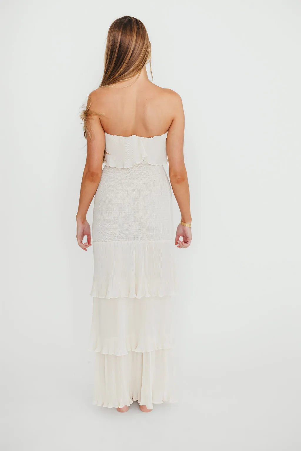 Viviana Pleated Tiered Ruffle Smocked Maxi Dress in Cream- Final Few