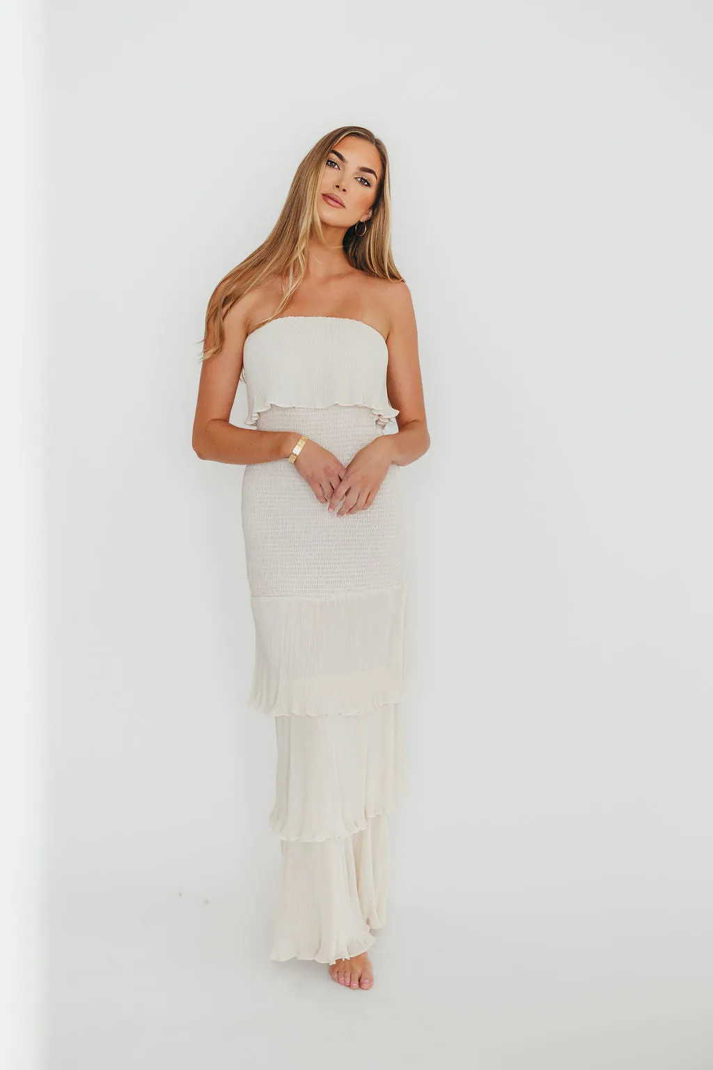 Viviana Pleated Tiered Ruffle Smocked Maxi Dress in Cream- Final Few