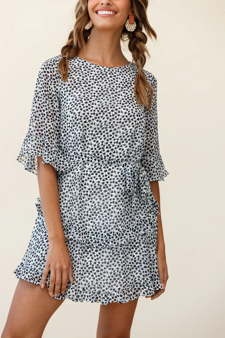 Wife Me Crew Neck Ruffle Insert Dress Polka Dot Black