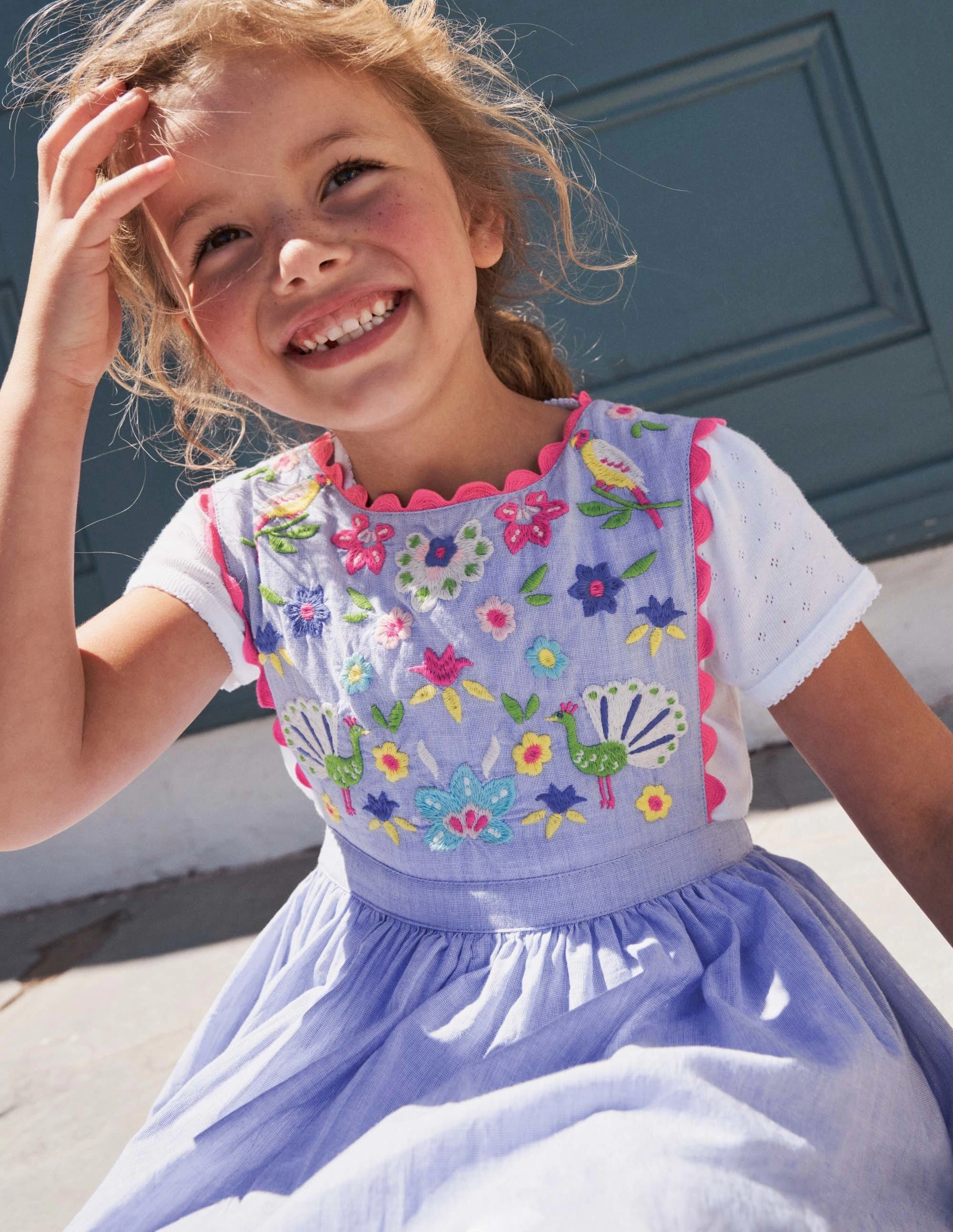 Woven Pinafore Dress-Blue Multi Embroidery