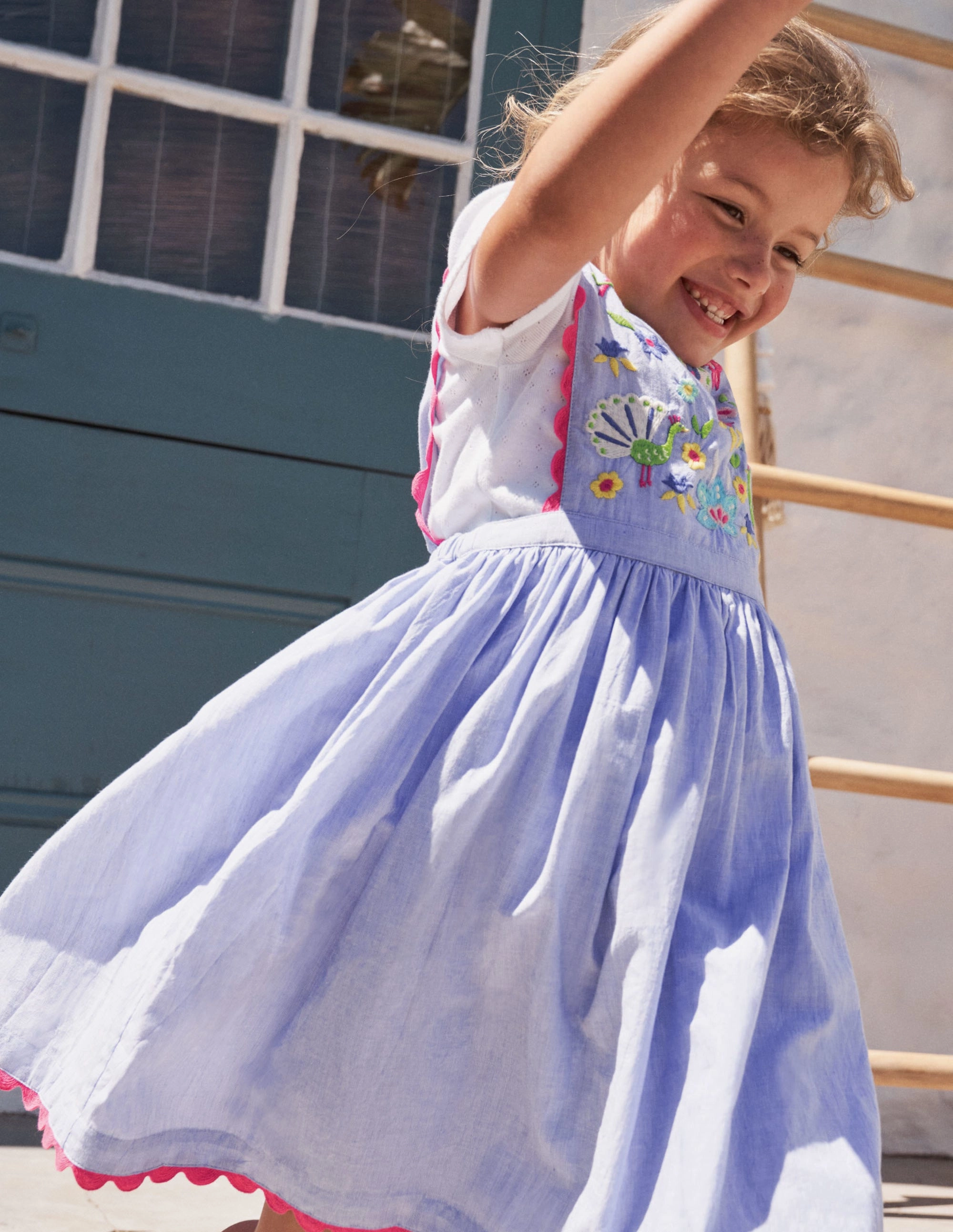 Woven Pinafore Dress-Blue Multi Embroidery