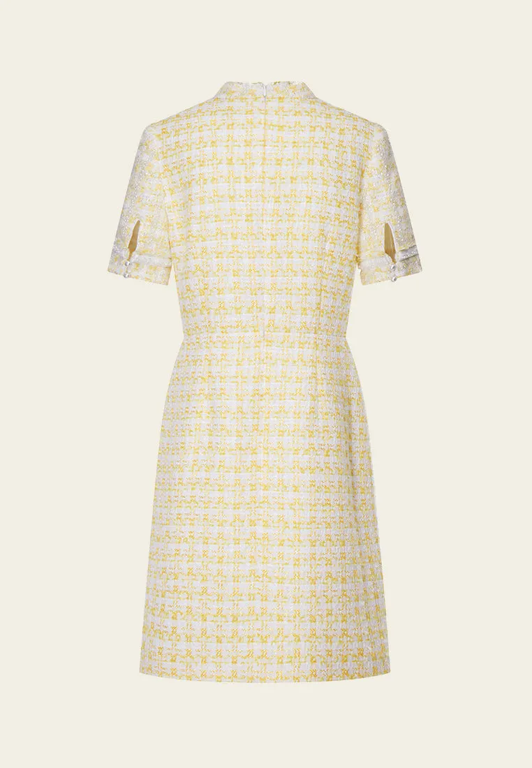 Yellow Signature Stand Collar Tweed Dress
