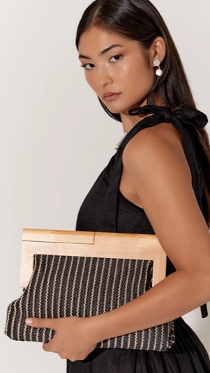 Zoey Thin Stripe Timber Frame Clutch - Black